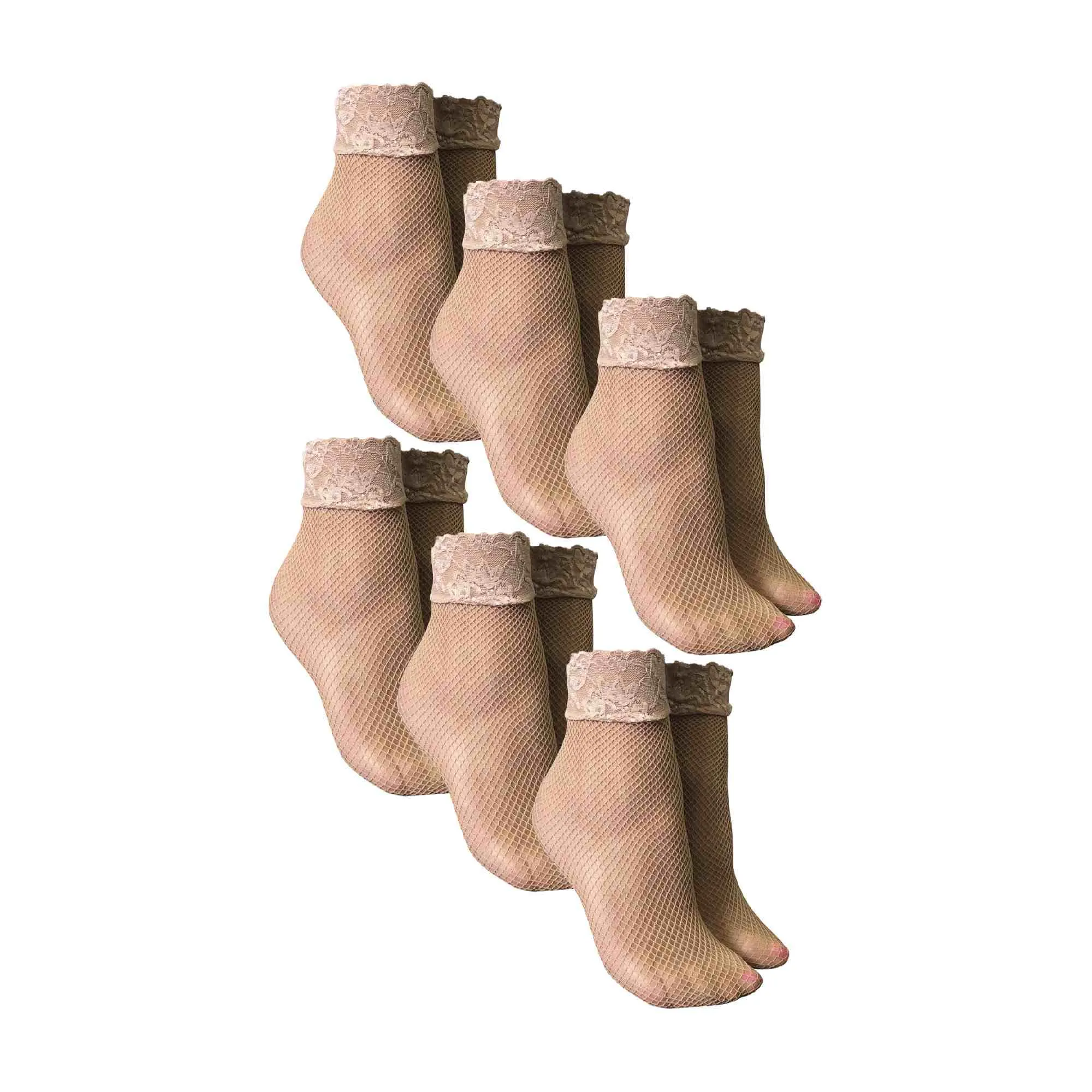 6 Pack Ladies Low Cut Fishnet Ankle Socks with Lace Trim