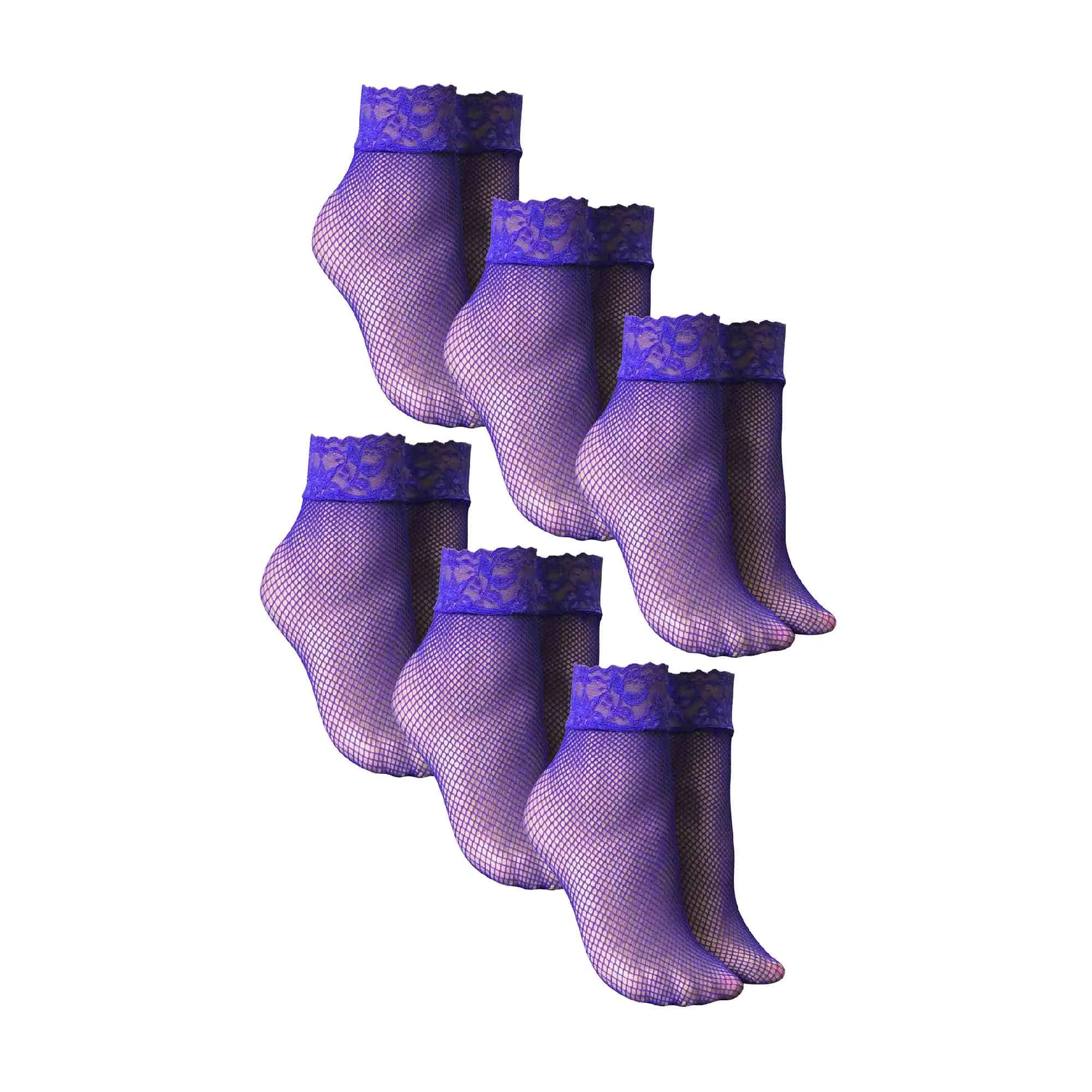 6 Pack Ladies Low Cut Fishnet Ankle Socks with Lace Trim