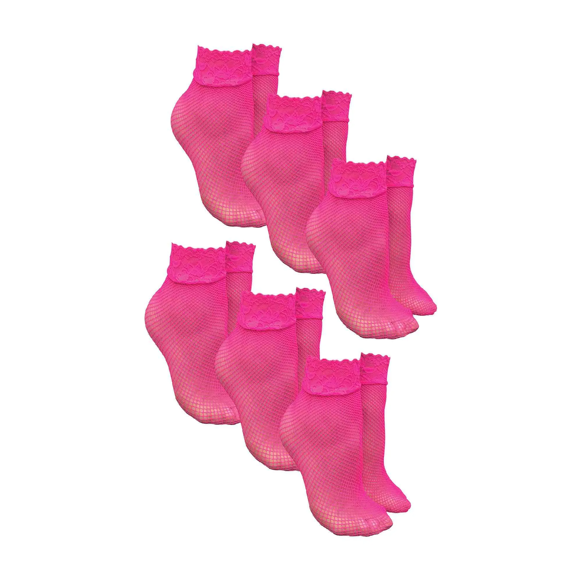 6 Pack Ladies Low Cut Fishnet Ankle Socks with Lace Trim