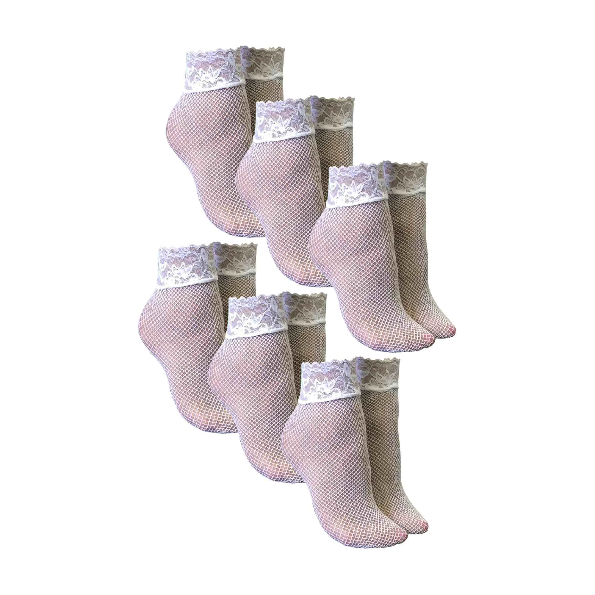 6 Pack Ladies Low Cut Fishnet Ankle Socks with Lace Trim