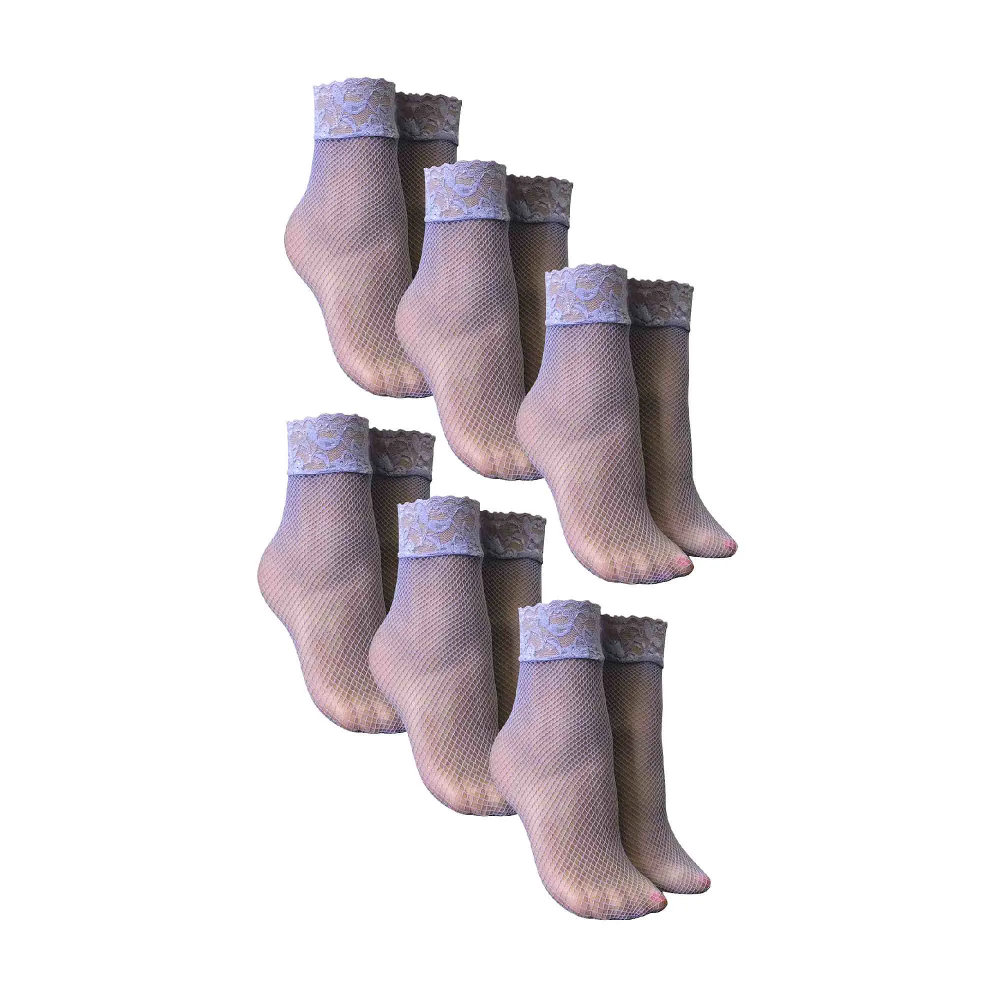 6 Pack Ladies Low Cut Fishnet Ankle Socks with Lace Trim