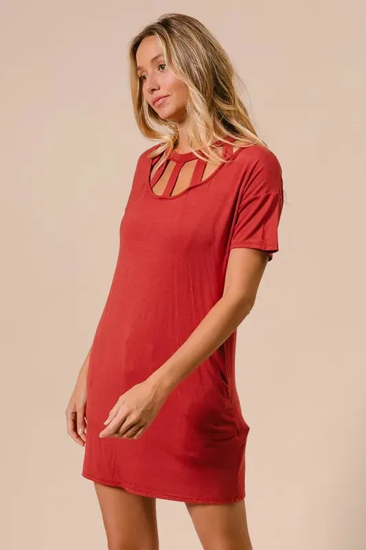 BiBi Front Cutout Mini Tee Dress with Pockets