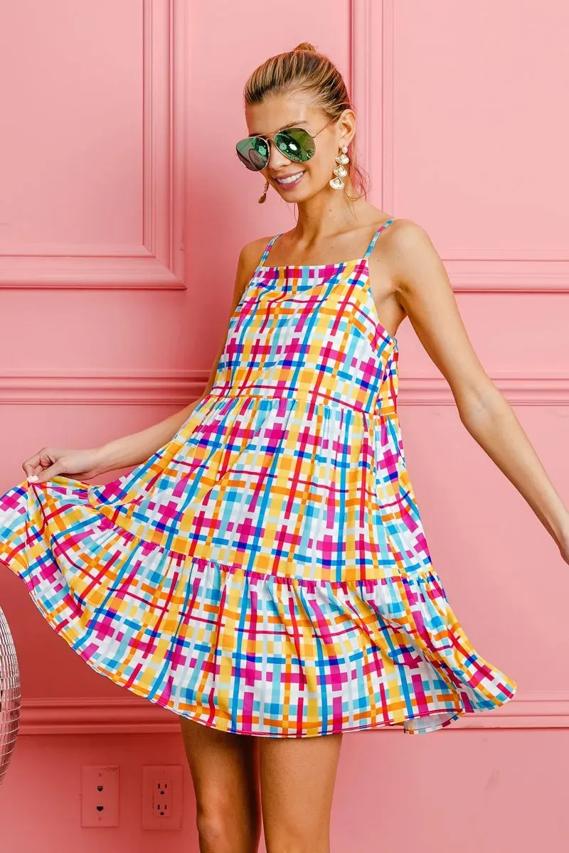 BiBi Multi Colors Plaid Sleeveless Sun Dress
