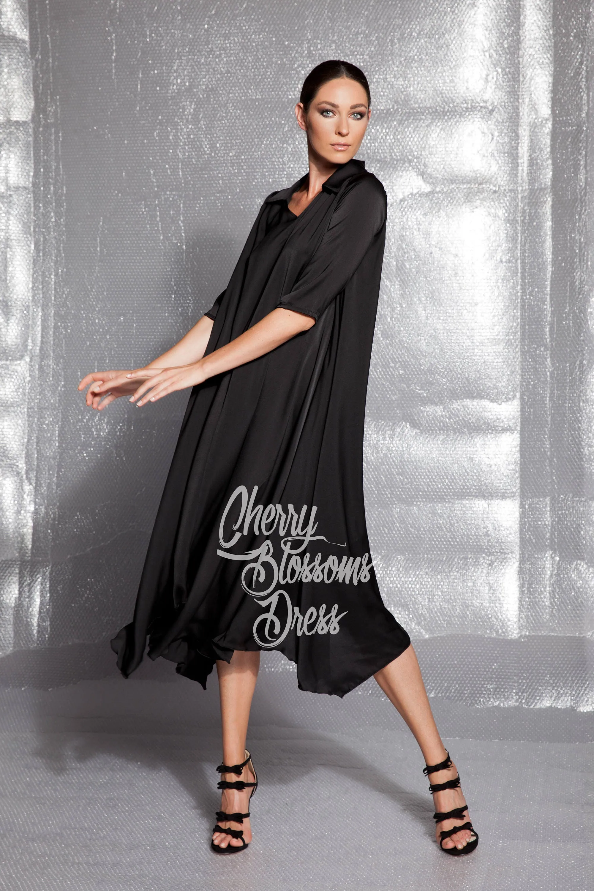 Black Dress, Satin Dress, Elegant Dress, Loose Dress, Plus Size Dress, Flare Dress, Shirt Dress, Plus Size Clothing, Black Evening Dress