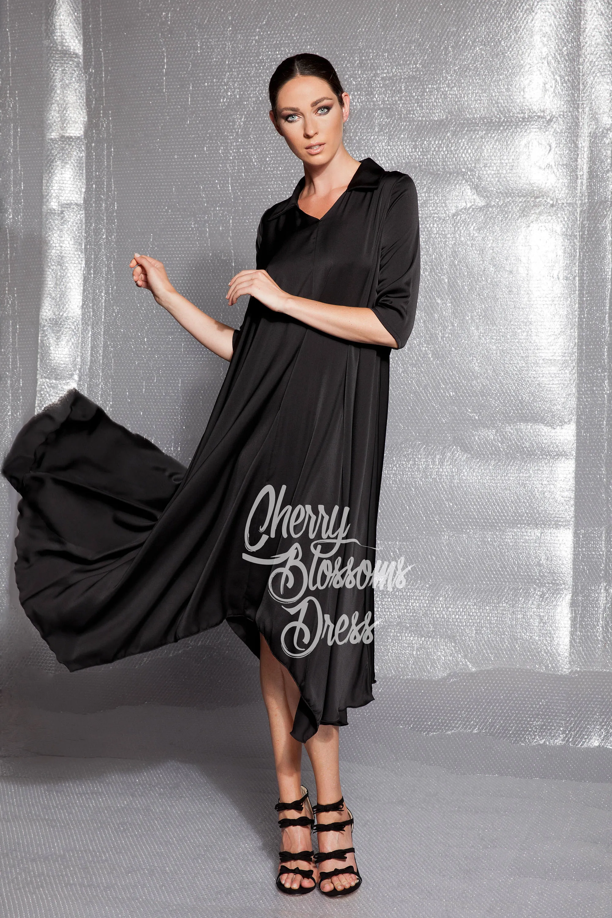 Black Dress, Satin Dress, Elegant Dress, Loose Dress, Plus Size Dress, Flare Dress, Shirt Dress, Plus Size Clothing, Black Evening Dress