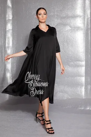 Black Dress, Satin Dress, Elegant Dress, Loose Dress, Plus Size Dress, Flare Dress, Shirt Dress, Plus Size Clothing, Black Evening Dress