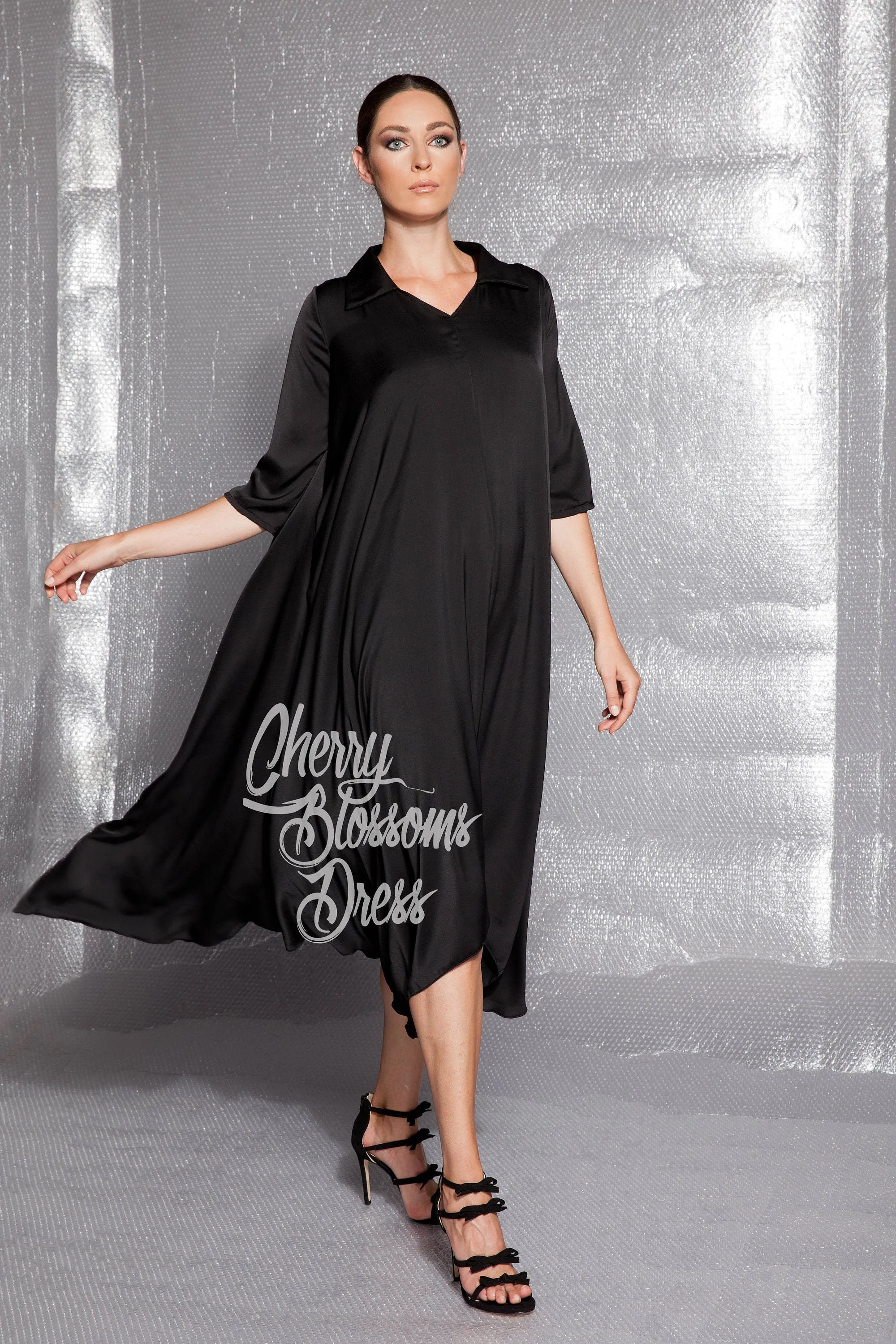 Black Dress, Satin Dress, Elegant Dress, Loose Dress, Plus Size Dress, Flare Dress, Shirt Dress, Plus Size Clothing, Black Evening Dress