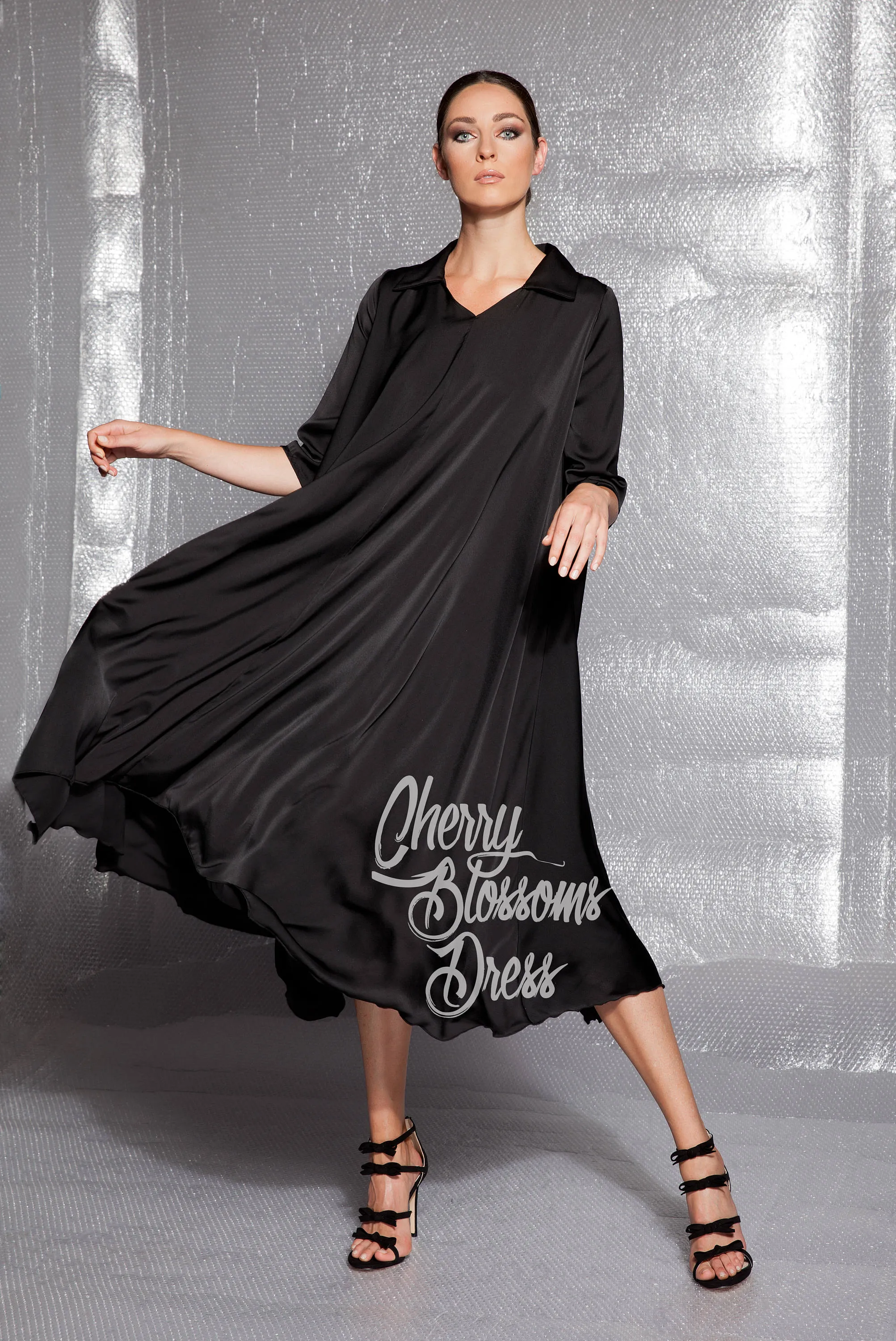 Black Dress, Satin Dress, Elegant Dress, Loose Dress, Plus Size Dress, Flare Dress, Shirt Dress, Plus Size Clothing, Black Evening Dress