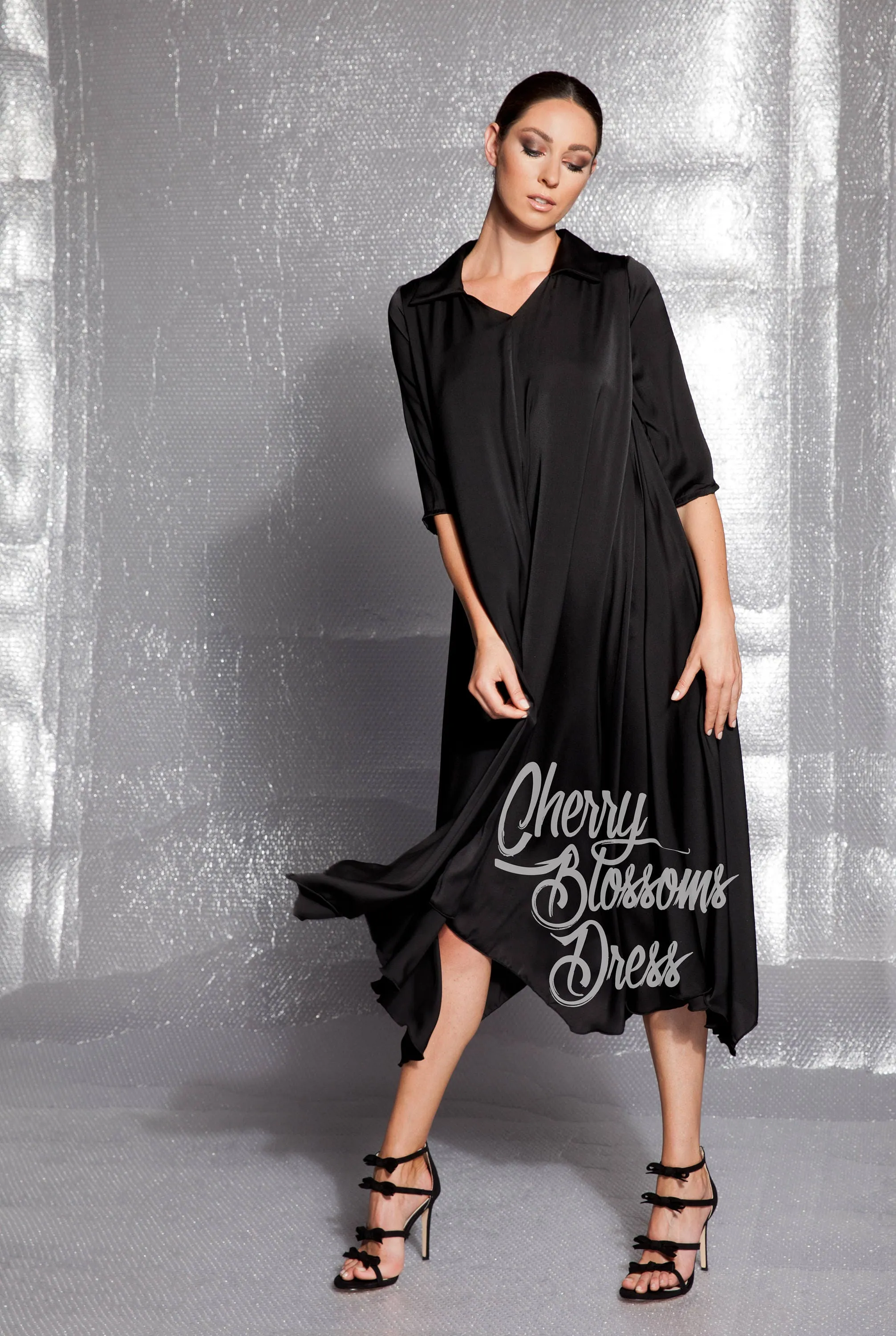 Black Dress, Satin Dress, Elegant Dress, Loose Dress, Plus Size Dress, Flare Dress, Shirt Dress, Plus Size Clothing, Black Evening Dress