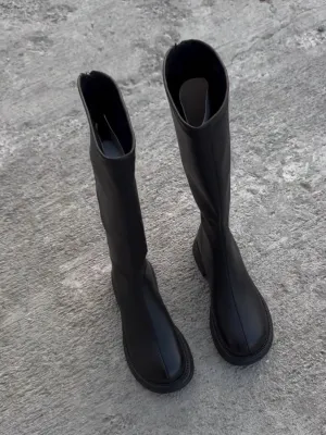 Black Round Toe Low Heel Boots