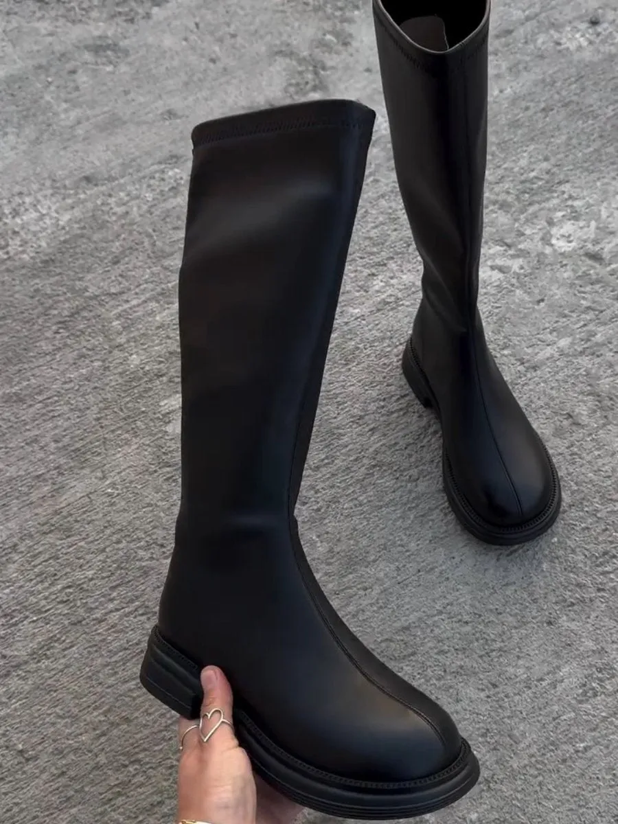 Black Round Toe Low Heel Boots