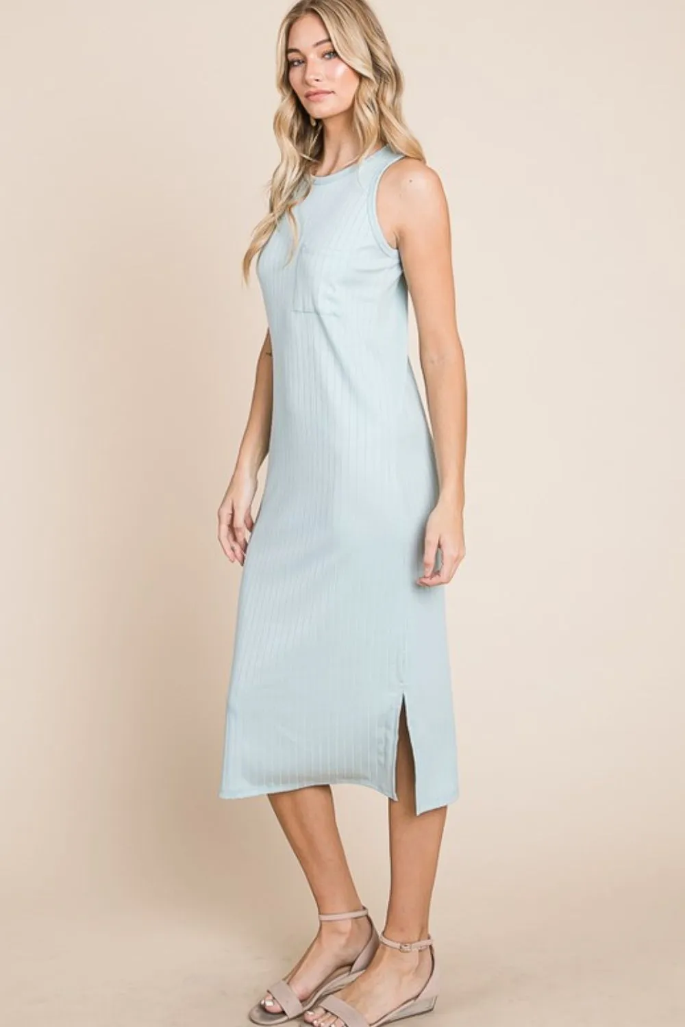 BOMBOM Ribbed Knit Sleeveless Midi Dress