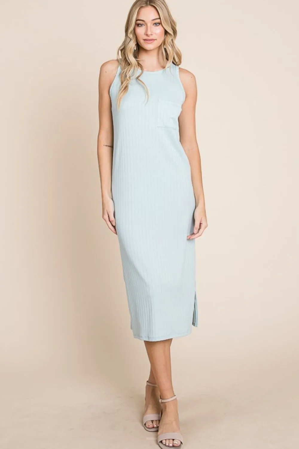 BOMBOM Ribbed Knit Sleeveless Midi Dress