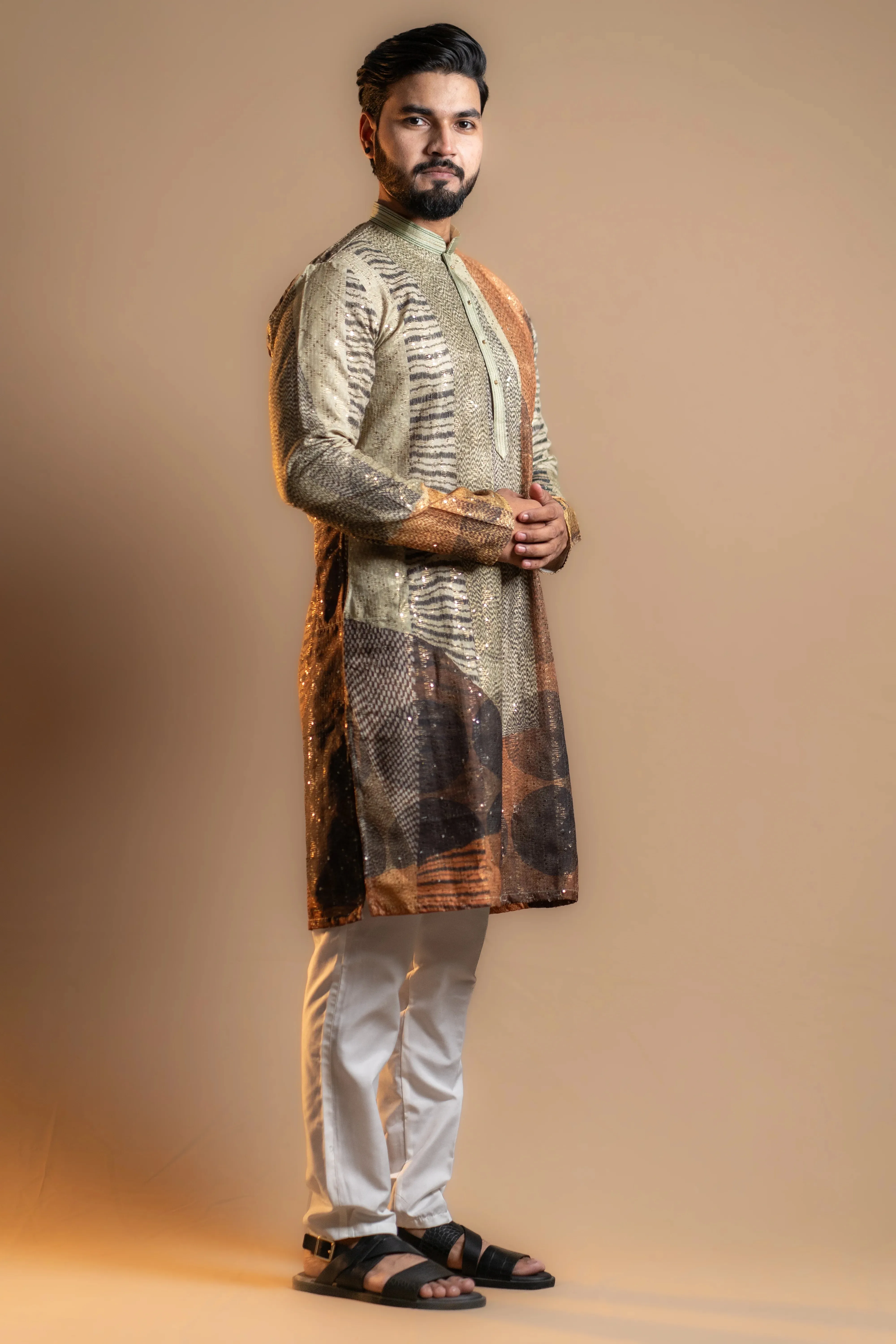 Budding Green Vertical Shiny Patterned Kurta Set for Men