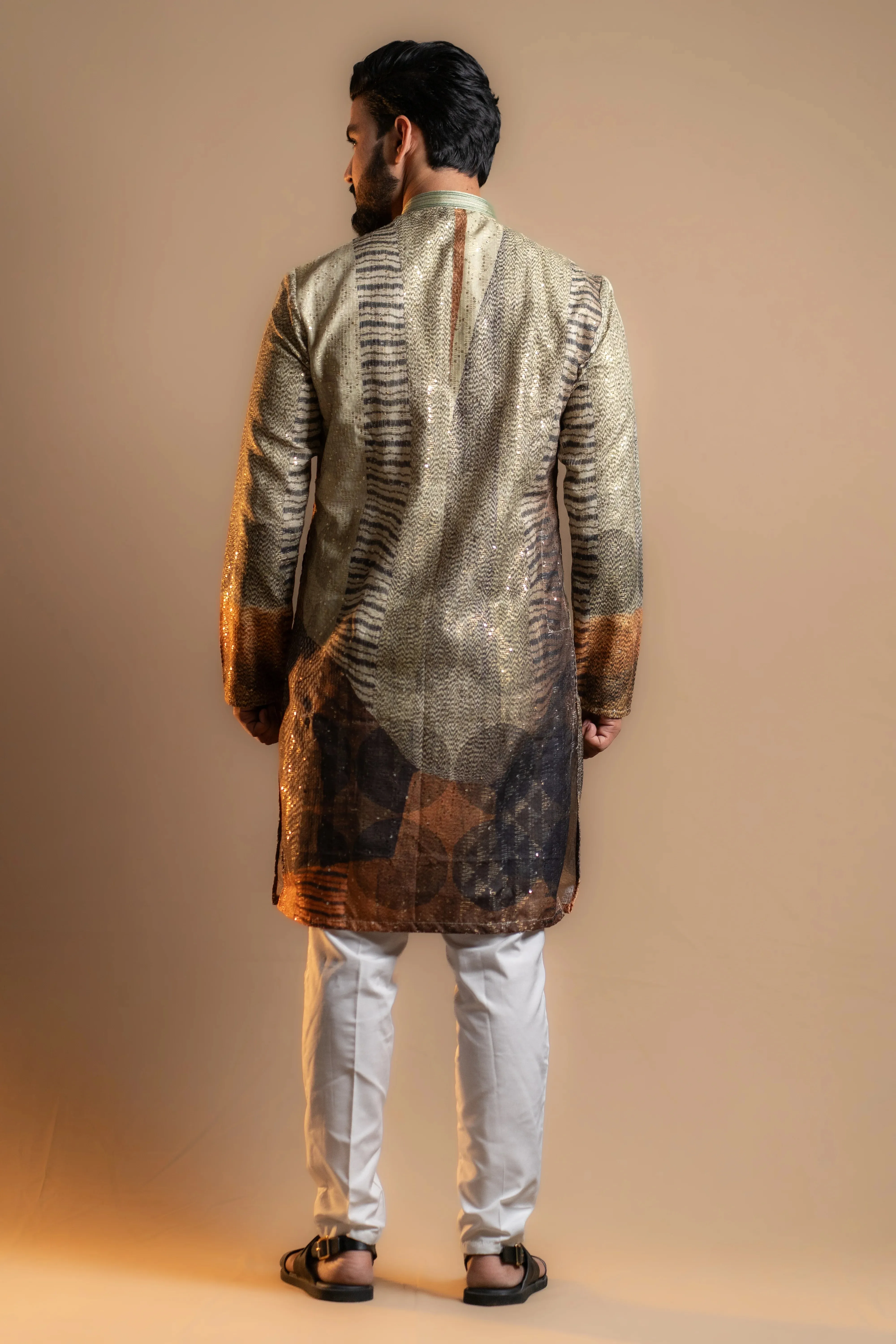 Budding Green Vertical Shiny Patterned Kurta Set for Men