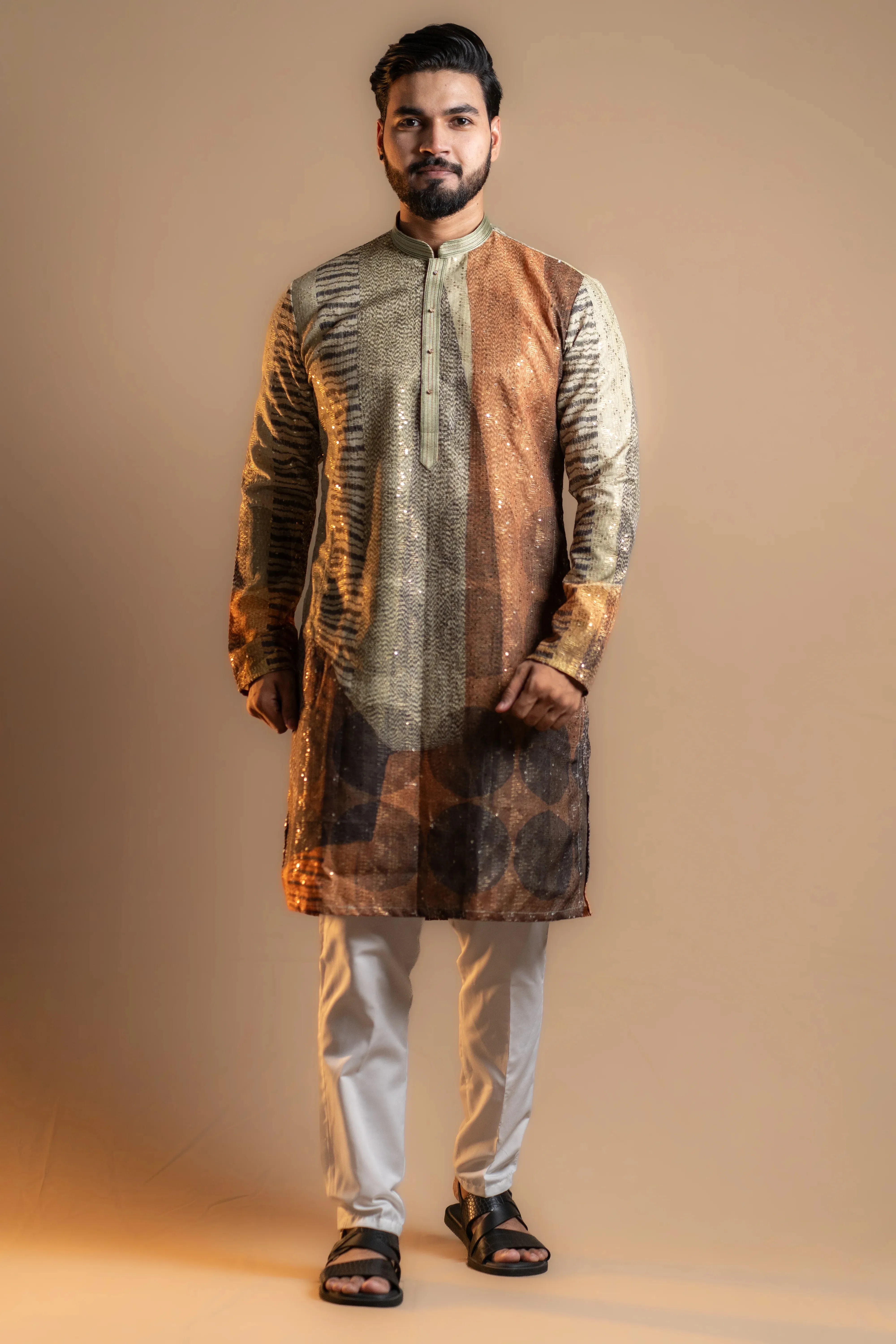 Budding Green Vertical Shiny Patterned Kurta Set for Men