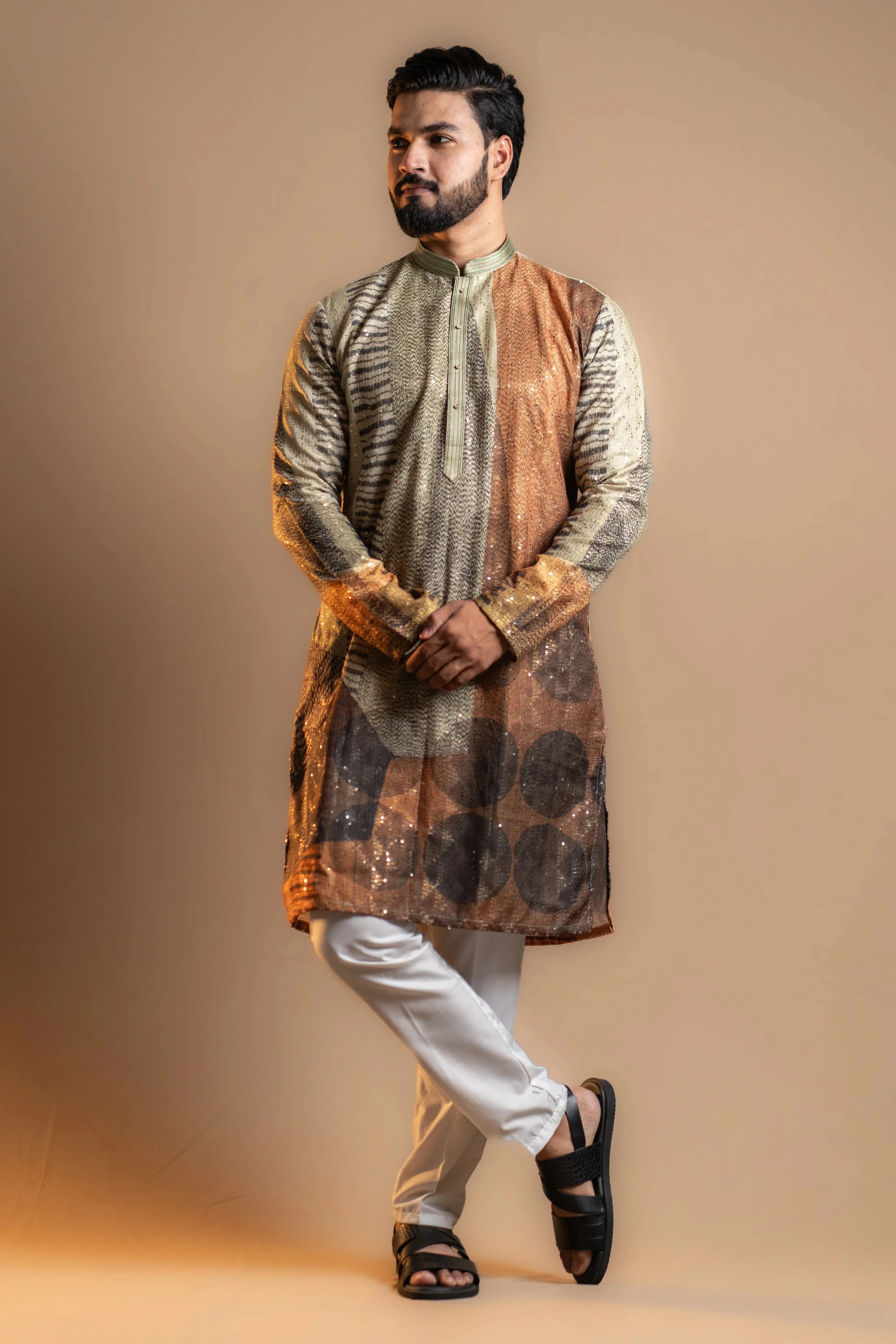 Budding Green Vertical Shiny Patterned Kurta Set for Men