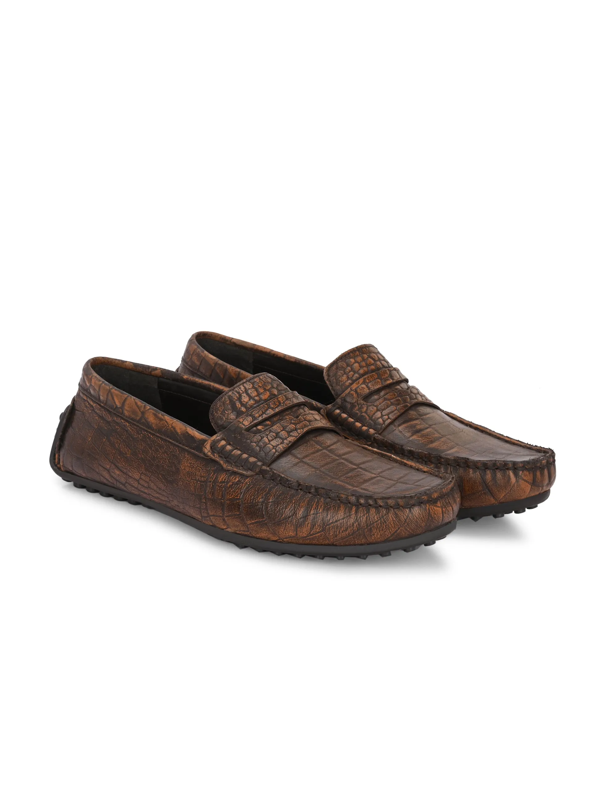 Carlo Romano Brown Italian croco printed Genuine Leather Loafer moccasin shoe for men