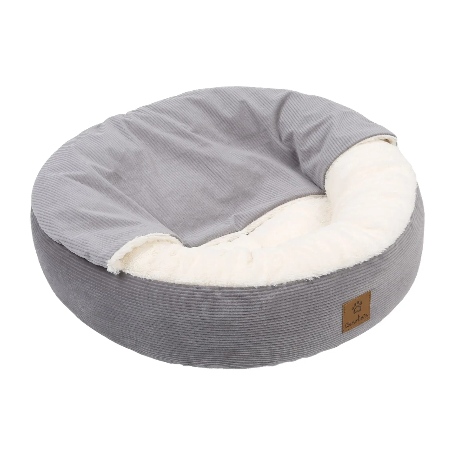 Charlie's Snookie Hooded Corduroy Calming Dog Bed Dove Grey Large