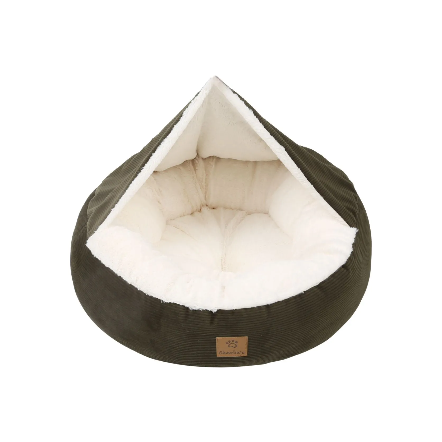 Charlie's Snookie Hooded Corduroy Calming Dog Bed Olive Small