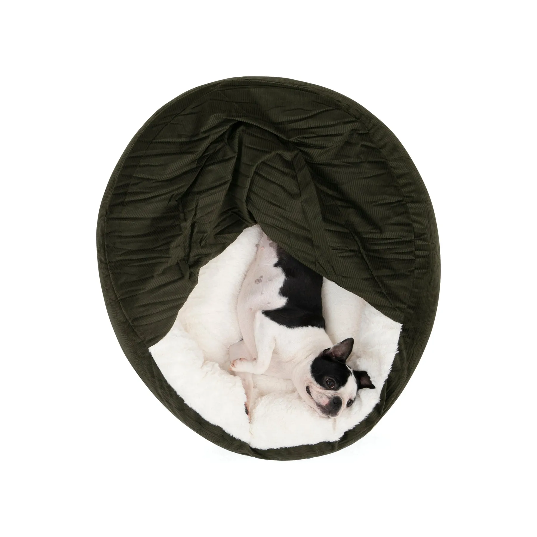 Charlie's Snookie Hooded Corduroy Calming Dog Bed Olive Small