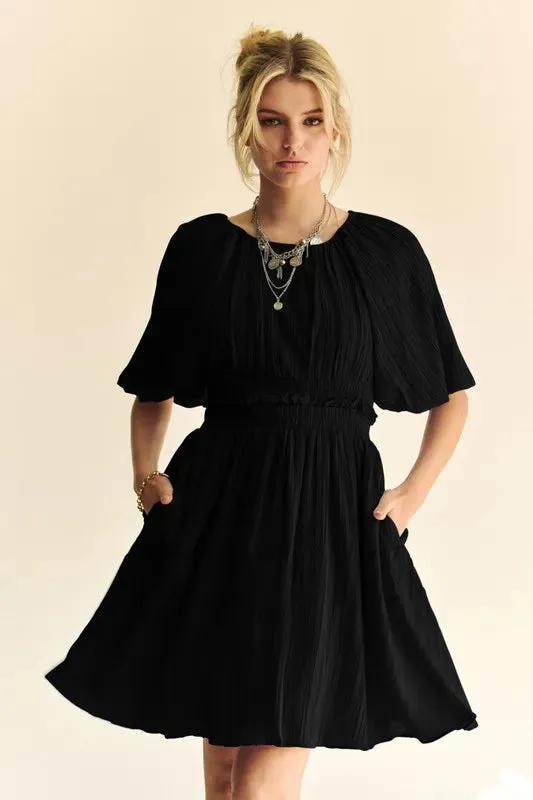 Davi & Dani Back Button Puff Sleeve Mini Dress