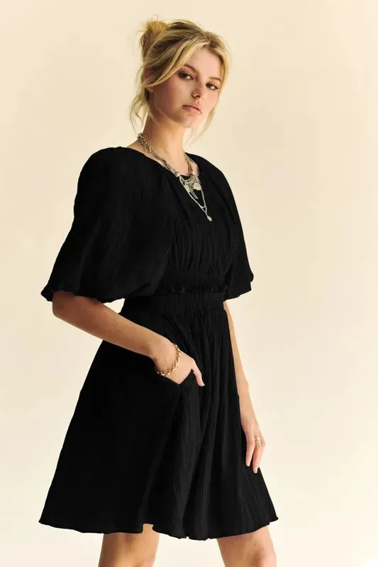 Davi & Dani Back Button Puff Sleeve Mini Dress