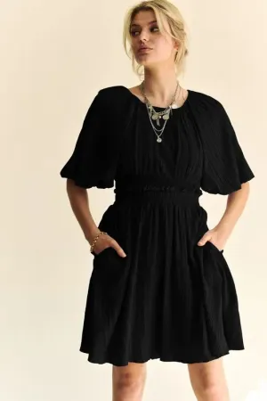 Davi & Dani Back Button Puff Sleeve Mini Dress