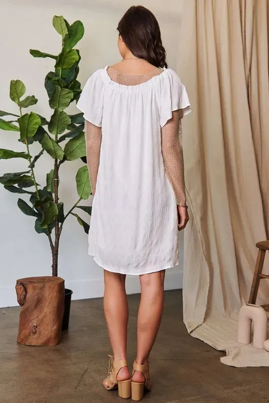 Davi & Dani Textured Ruffle Off-Shoulder Pockets Shift Dress