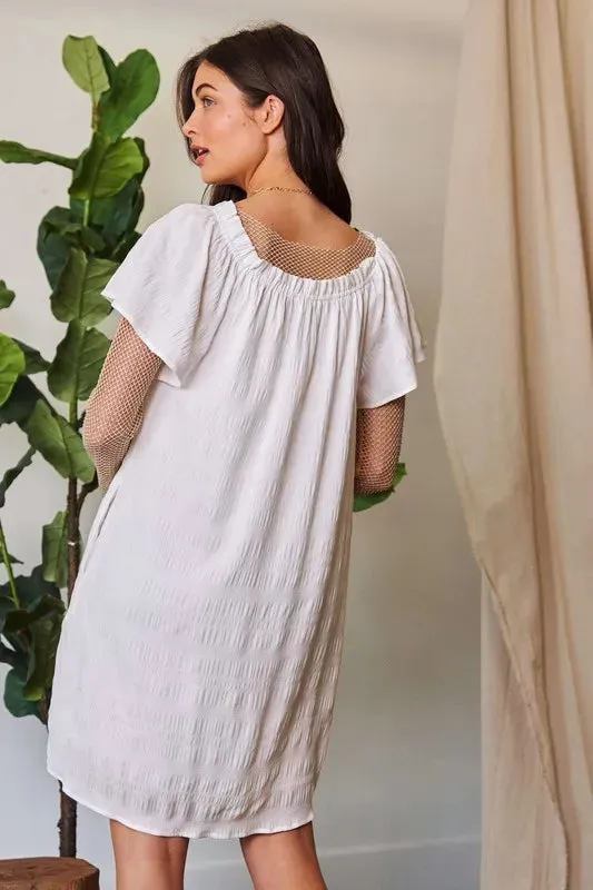 Davi & Dani Textured Ruffle Off-Shoulder Pockets Shift Dress