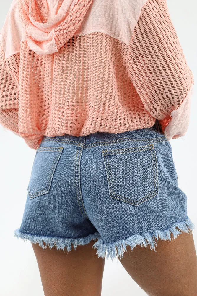 Drawstring Denim Ripped Shorts - Blue
