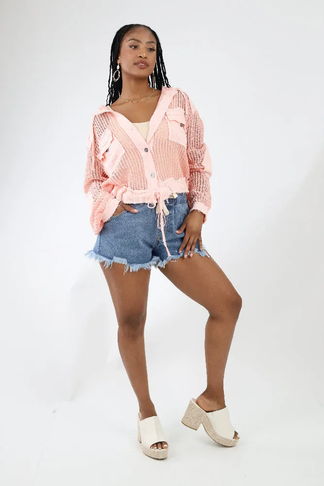 Drawstring Denim Ripped Shorts - Blue