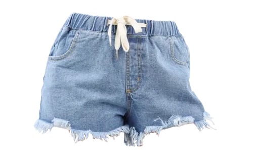Drawstring Denim Ripped Shorts - Blue