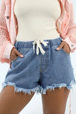 Drawstring Denim Ripped Shorts - Blue