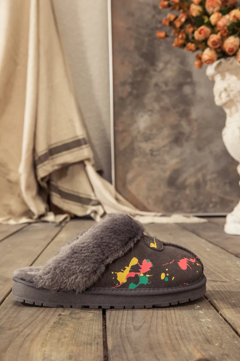 Faux Fur Lined Suede Upper Slipper - Grey