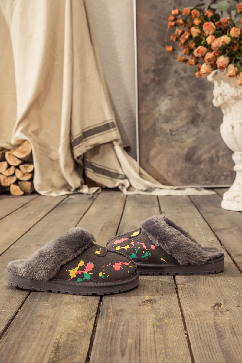 Faux Fur Lined Suede Upper Slipper - Grey