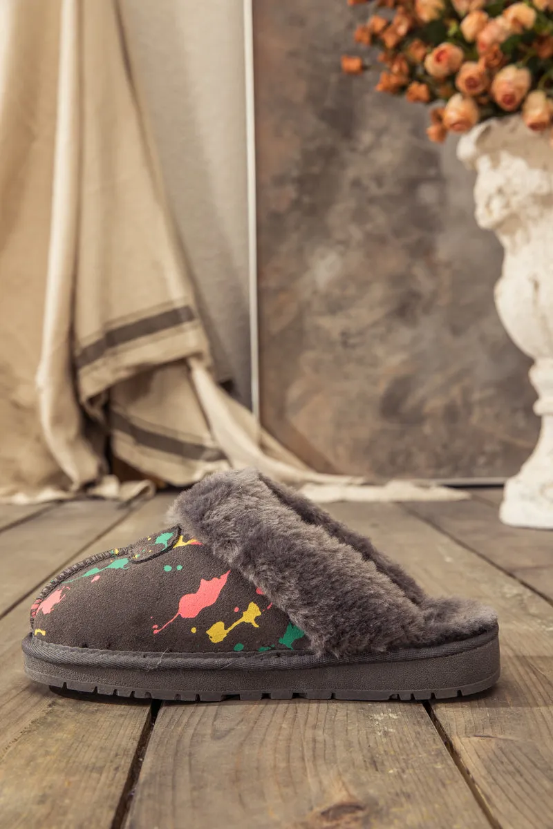 Faux Fur Lined Suede Upper Slipper - Grey