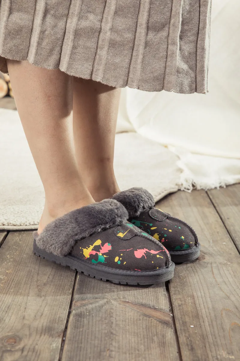 Faux Fur Lined Suede Upper Slipper - Grey