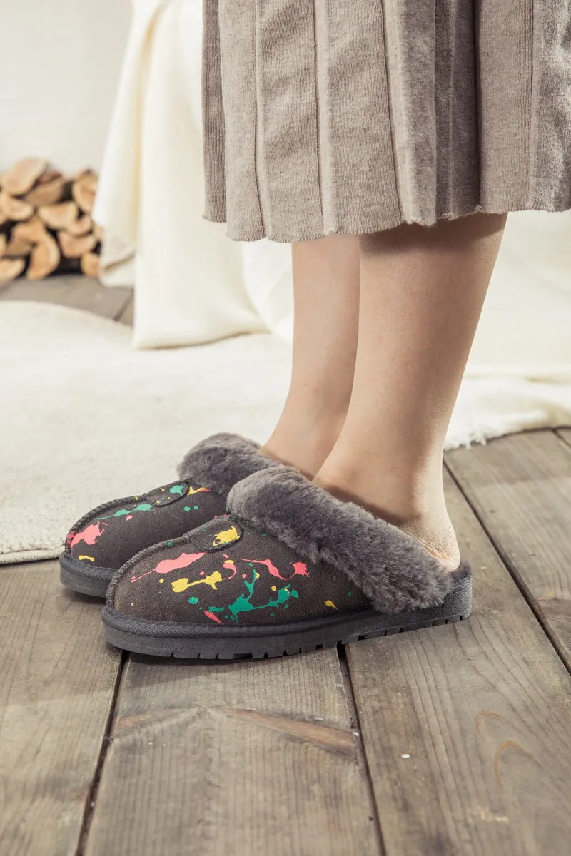 Faux Fur Lined Suede Upper Slipper - Grey