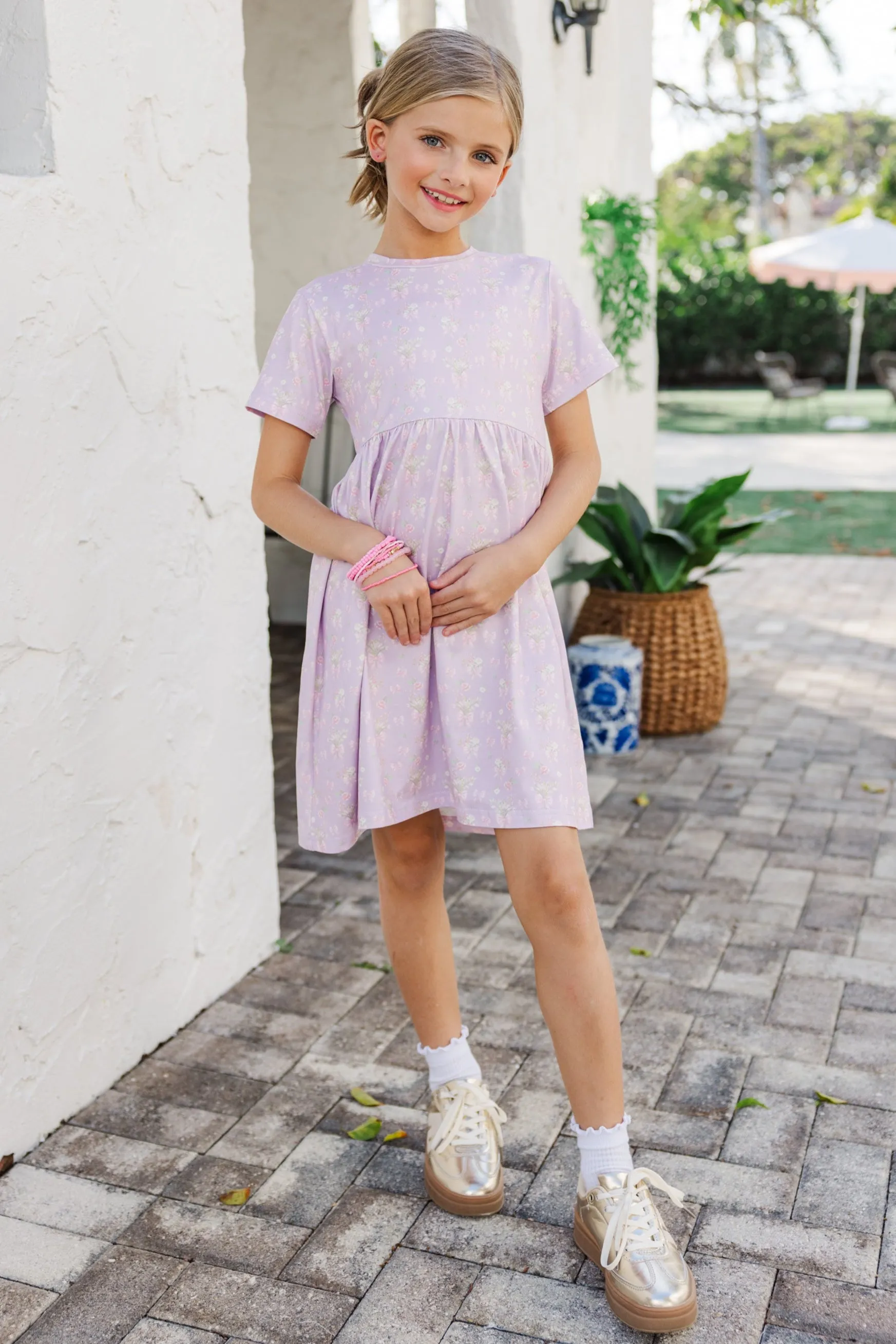 Girls: Happy Days Lavender Bow Pattern Babydoll Dress