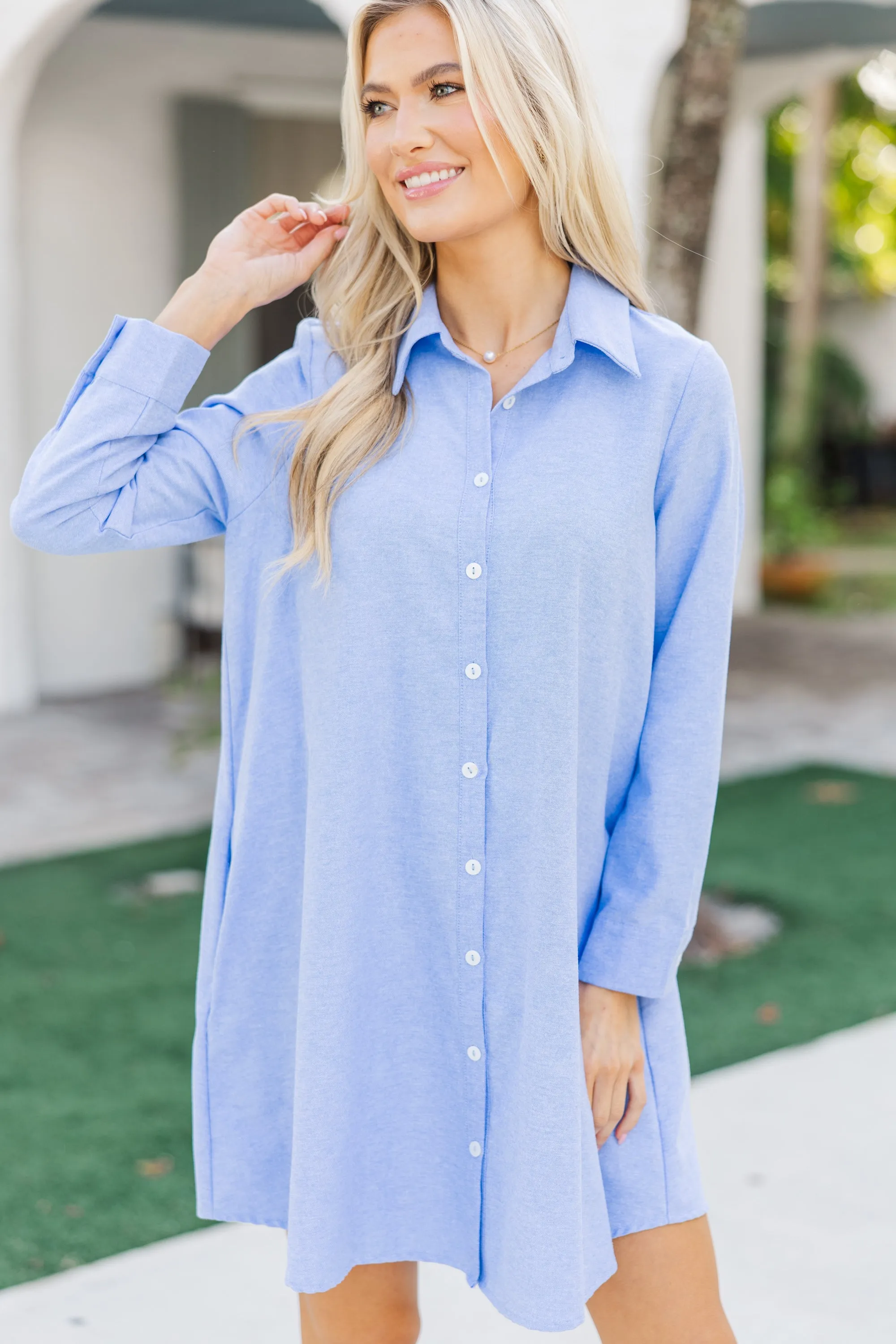 Hanging On Every Word Light Blue Shirt Dress