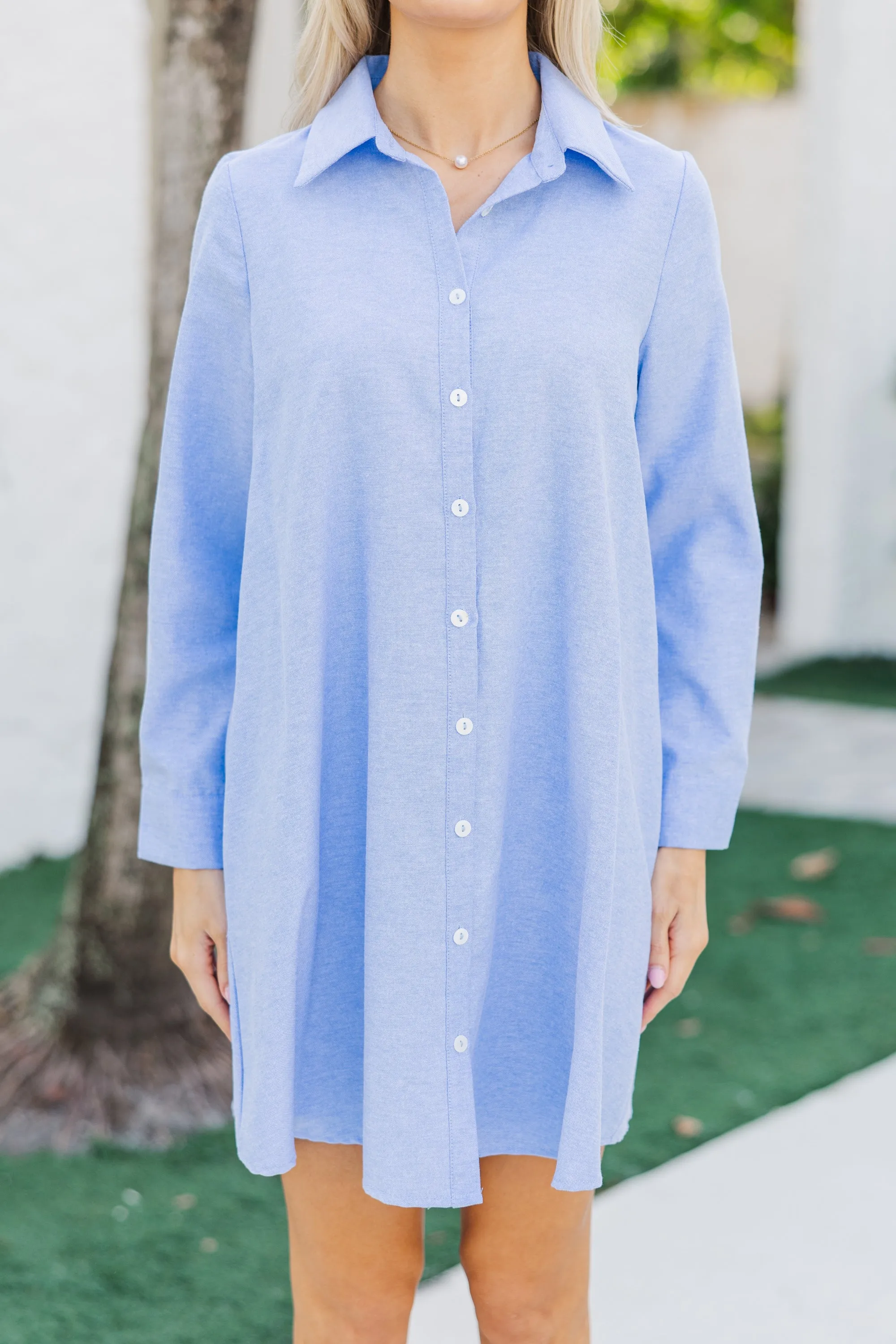 Hanging On Every Word Light Blue Shirt Dress