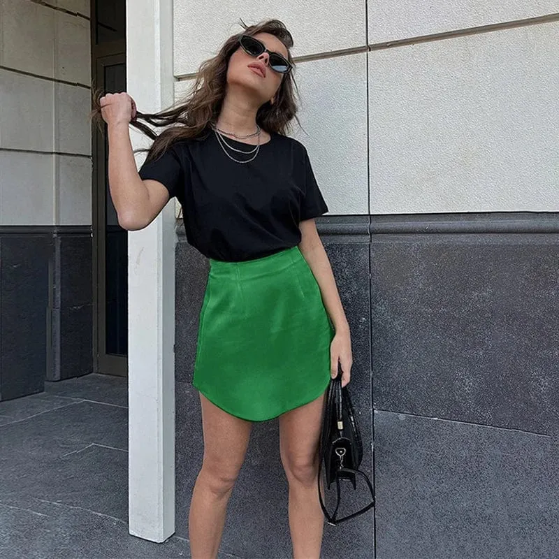 High Waisted Satin a Line Mini Skirt