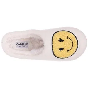 Ladies Faux Berber Scuff with Smiley Face Applique