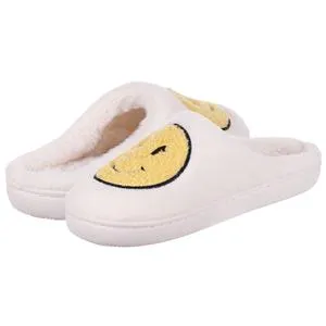 Ladies Faux Berber Scuff with Smiley Face Applique