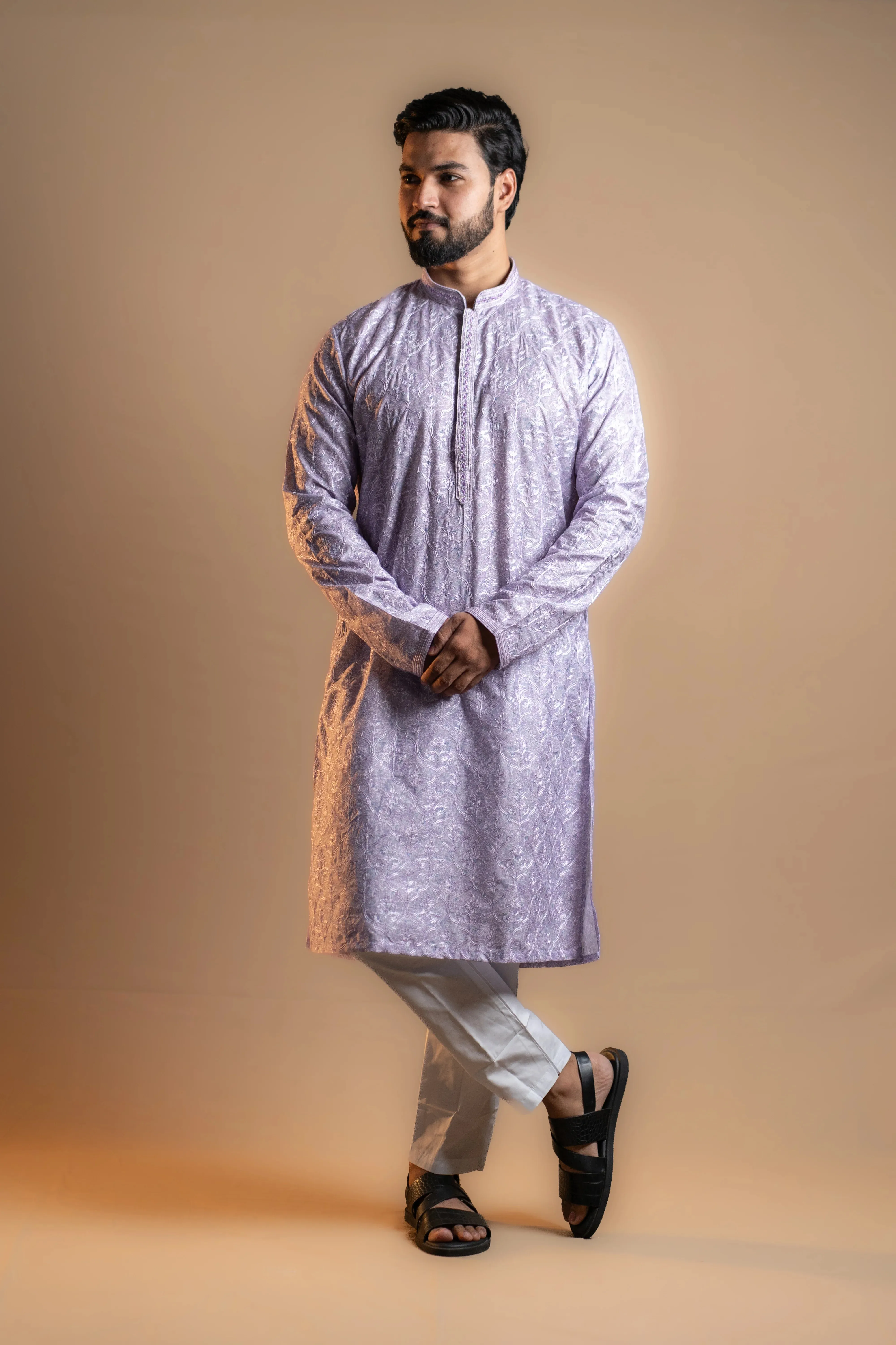 Lavender Patterned Printed Kurta Set for Men
