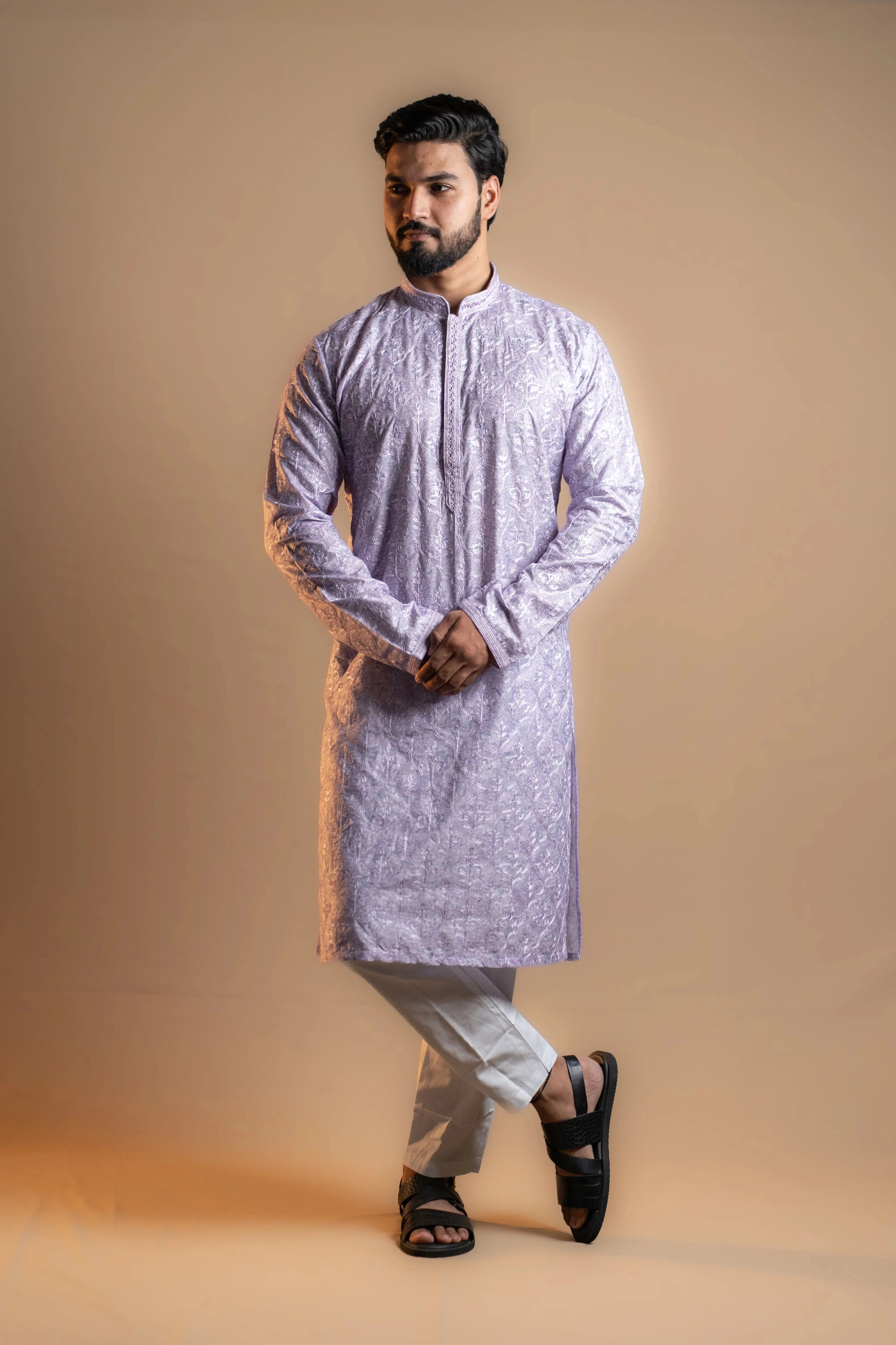 Lavender Patterned Printed Kurta Set for Men