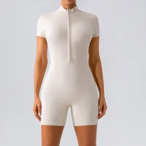 Lea Short Sleeve Zip Front Mock Neck Romper