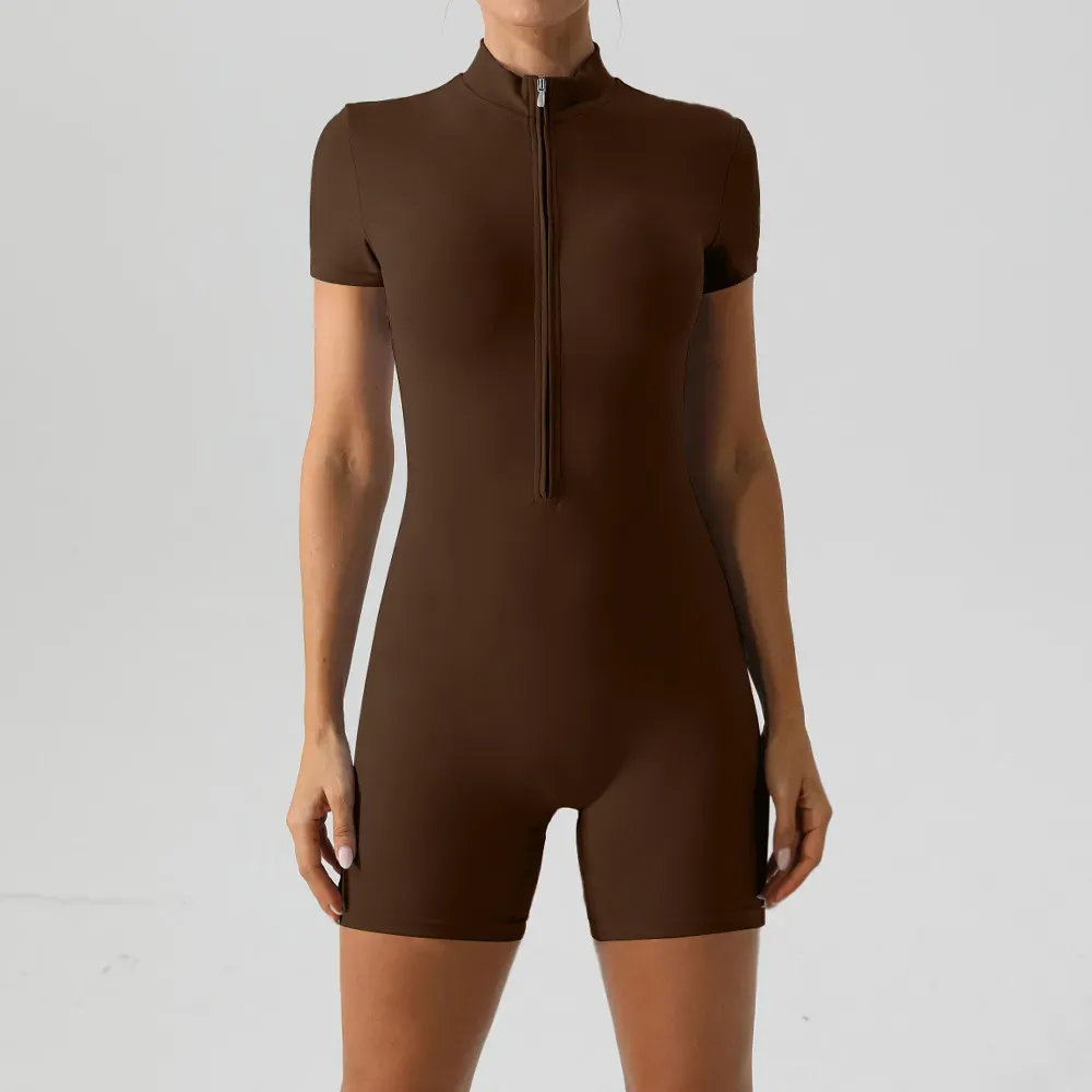 Lea Short Sleeve Zip Front Mock Neck Romper