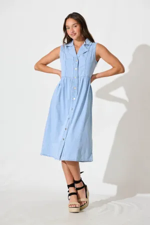 Light Blue Denim Midi Shirt Dress - Love
